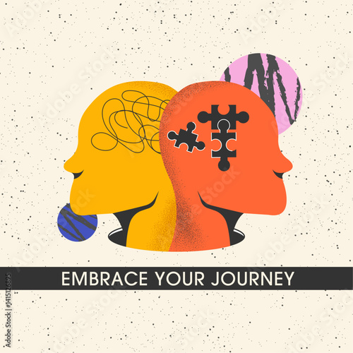 Mental health poster. Psychotherapy concept.Illustration of two people head, puzzle of human head, psychotherapy, mindfulness,overthinking,burnout.Mental health problems.Embrace your journey.Vector