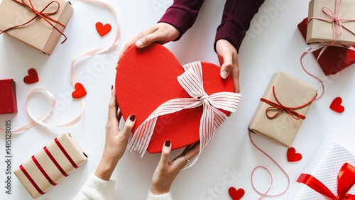 Hands exchanging a heart-shaped gift box with ribbon, surrounded by wrapped presents and red hearts. Gift exchange, heart-shaped box, and presents theme. Gift exchange for Valentines or festive events