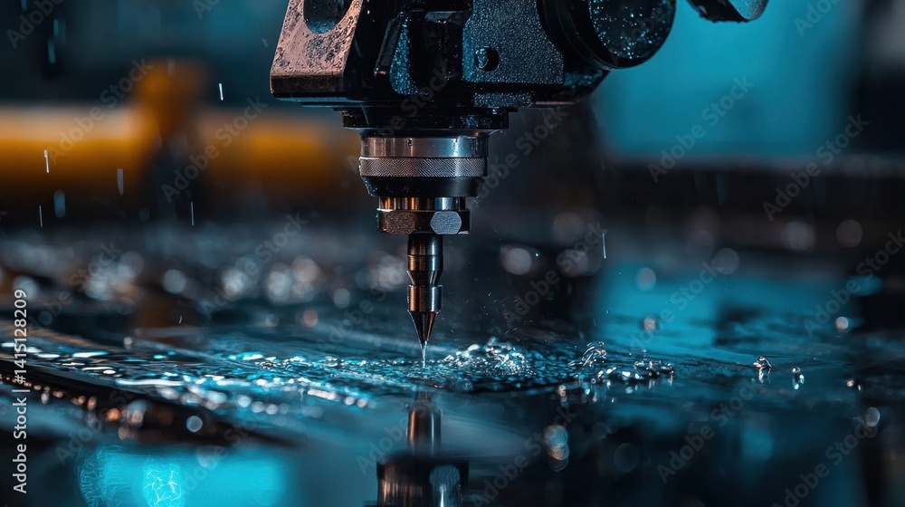A high-tech water jet cutting machine operates in a well-lit manufacturing facility, skillfully cutting through material as water sprays from the nozzle, creating a precise, clean edge