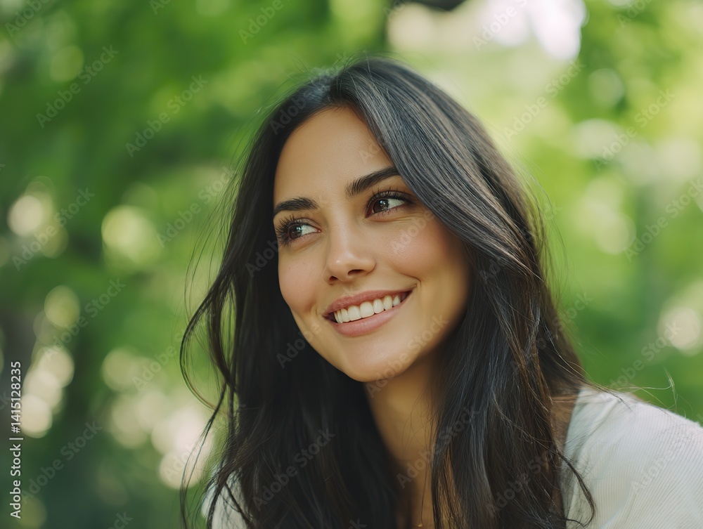 A beautiful woman with long dark brown hair and a big smile. In the soft natural light, the background is greenery. A beautiful woman with long dark brown hair and a big smile. In the soft natural light, the background is greenery.