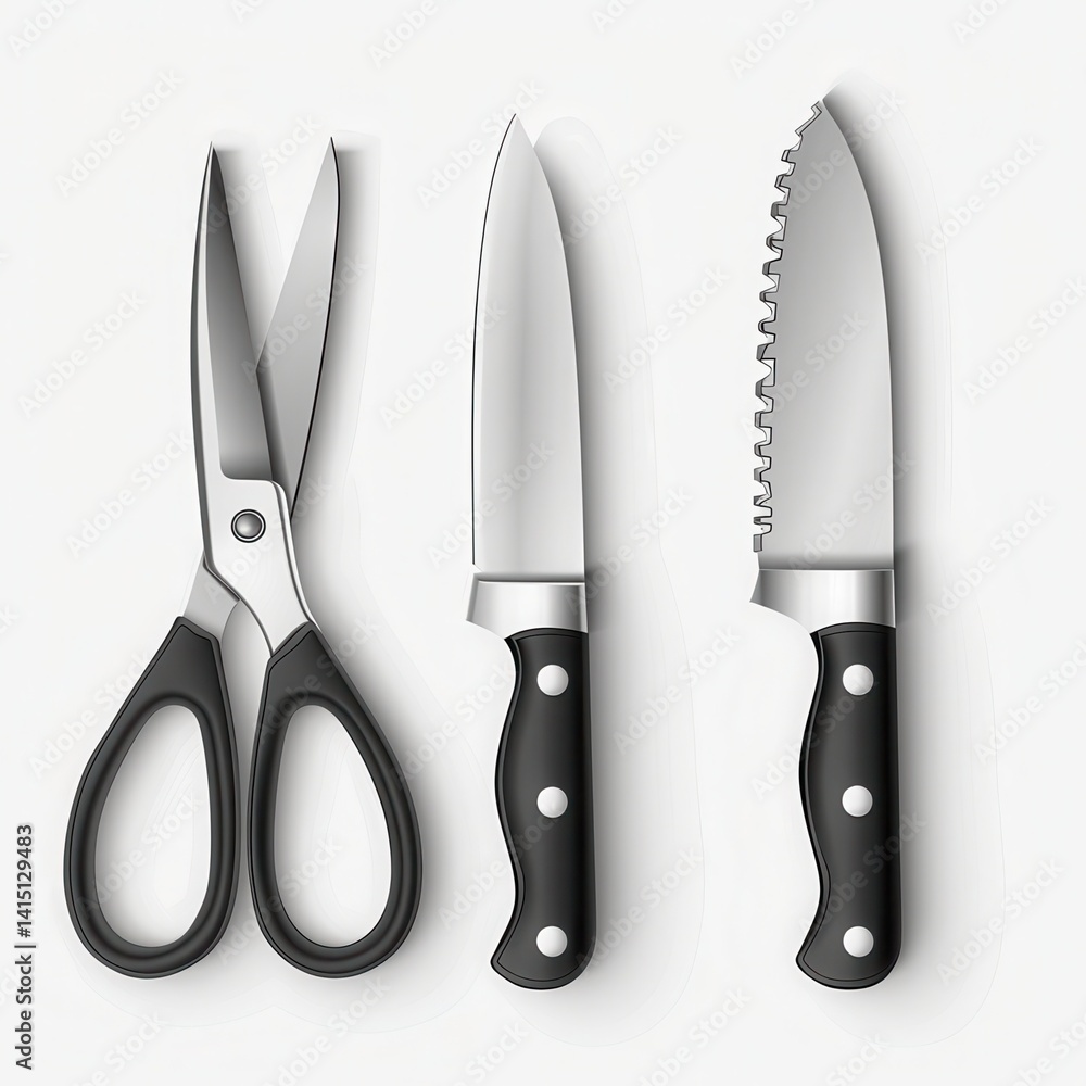 A set of kitchen tools with black handles against a plain background. A set of kitchen tools with black handles against a plain background.