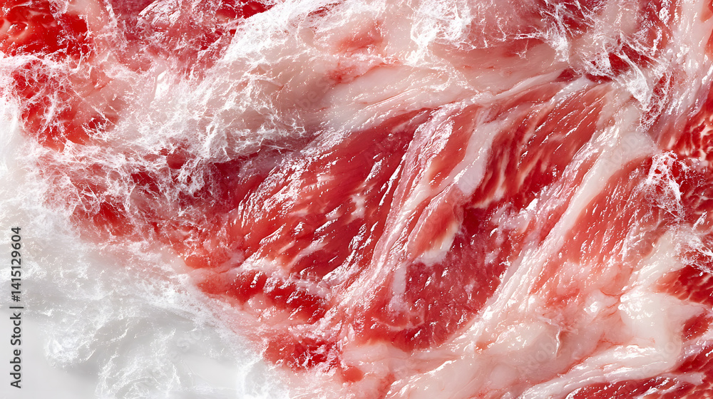 close up of raw meat fibers and marbling in ribeye, showcasing intricate textures and rich colors close up of raw meat fibers and marbling in ribeye, showcasing intricate textures and rich colors