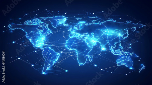 A blue and white globe with a network of lines connecting it
