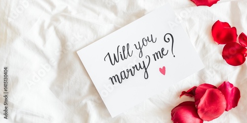 Fényképezés Romantic proposal card with 'Will you marry me?' text, surrounded by red rose petals on a white bed