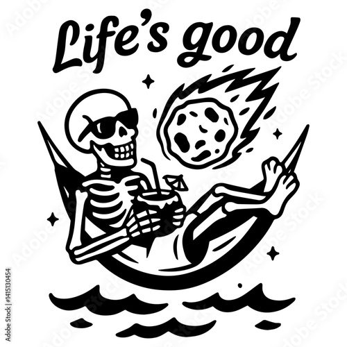 Cool skeleton chilling in a hammock with a drink while a meteor is falling – bold, ironic black and white design with dark humor