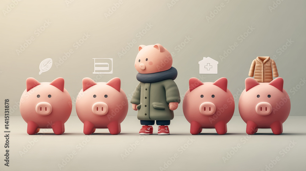 child in coat stands between four piggy banks, each symbolizing different savings goals eco friendly, education, healthcare, and clothing child in coat stands between four piggy banks, each symbolizing different savings goals eco friendly, education, healthcare, and clothing