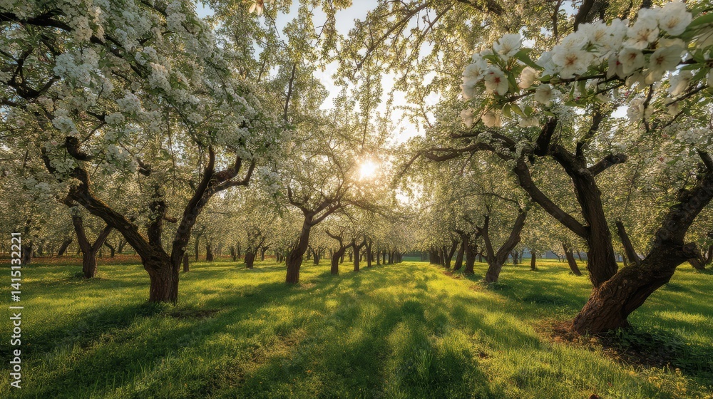 Serene orchard with blossoming trees casting shadows over the lush green grass at sunset in tranquil landscape Serene orchard with blossoming trees casting shadows over the lush green grass at sunset in tranquil landscape