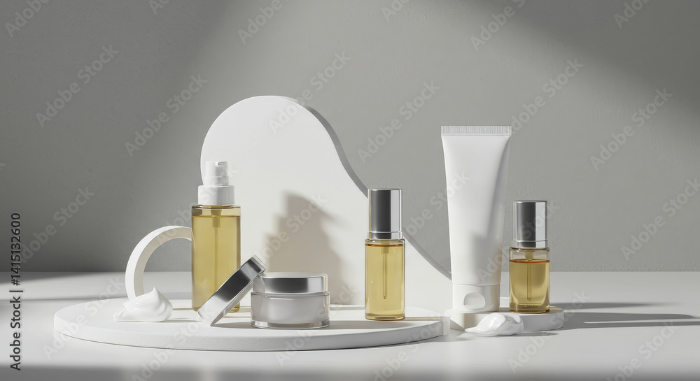Skincare Product Display with Natural Light - Luxurious skincare products, bathed in soft natural light, showcasing a serene and elegant beauty. Symbolizing purity, rejuvenation, self-care, wellness Skincare Product Display with Natural Light - Luxurious skincare products, bathed in soft natural light, showcasing a serene and elegant beauty. Symbolizing purity, rejuvenation, self-care, wellness