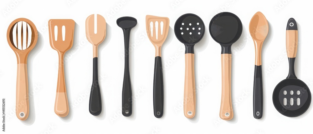 Assorted kitchen utensils in black and brown tones on a white background, showcasing modern design. Assorted kitchen utensils in black and brown tones on a white background, showcasing modern design.
