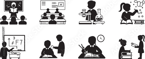  Icons depicting business professionals in various settings, including podium speaking, conference meetings, and group presentations. Ideal for corporate training and business communication visuals.