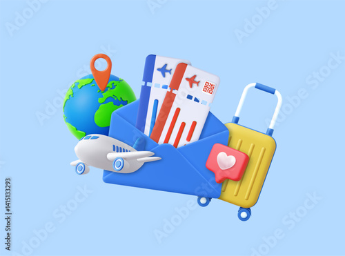 3D travel concept with tickets and luggage.