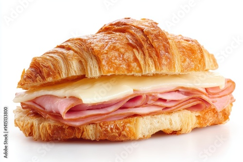 Delicious Croissant Sandwich Close Up Shot with Ham and Cheese on Bright White Background
