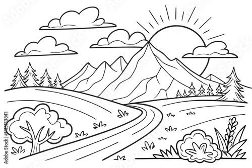 a mountain landscape,clouds,sun and the road leading into the sunset, coloring page for kids, colorless, uncolored, black and white