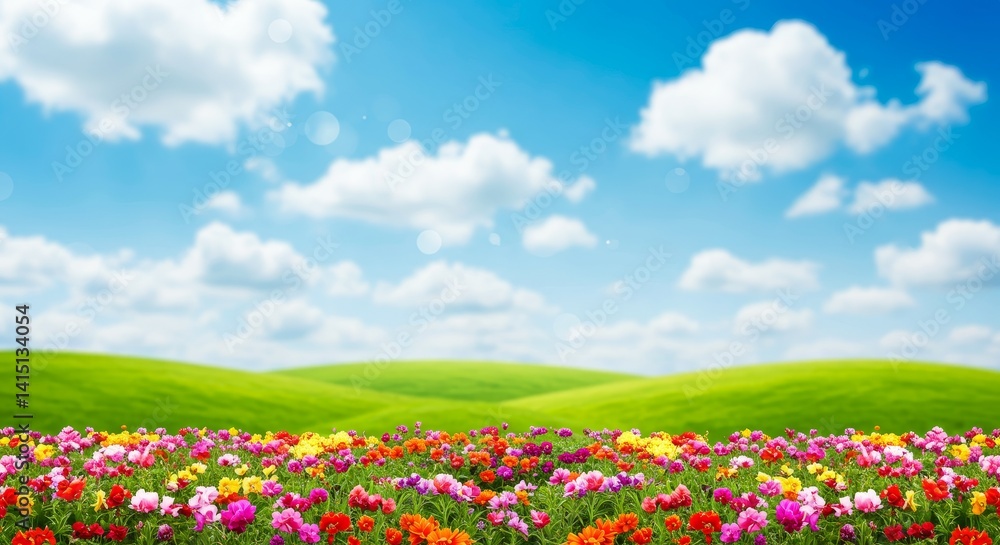 Spring Meadow Bliss - Vibrant flowers, rolling green hills, fluffy white clouds, and a cheerful blue sky. Symbolizing growth, serenity, joy, renewal, and hope Spring Meadow Bliss - Vibrant flowers, rolling green hills, fluffy white clouds, and a cheerful blue sky. Symbolizing growth, serenity, joy, renewal, and hope