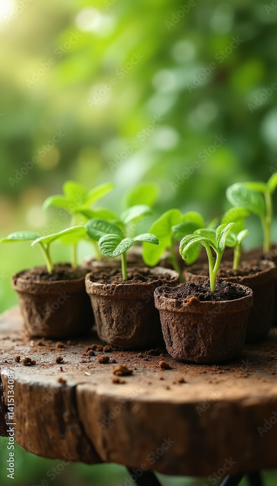 Small seedlings in biodegradable pots on a wooden table in a garden Small seedlings in biodegradable pots on a wooden table in a garden