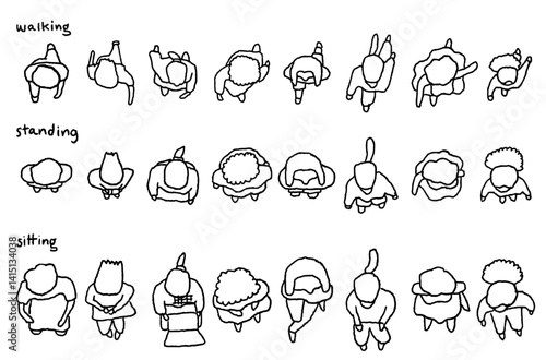 Architectural Drawings, people plan vector in park out door illustration, top view, Minimal style hand drawn, set elements for architecture and landscape design. Sections, Elevations, Floor Plans