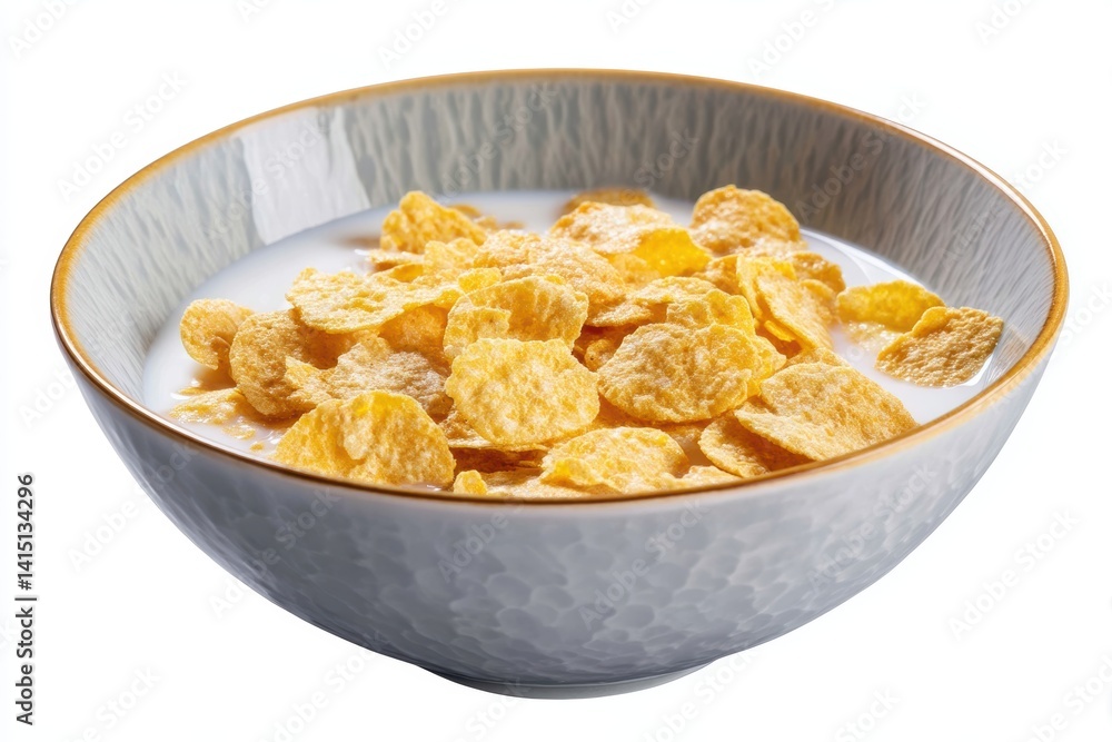 Golden corn flakes cereal with milk in light blue textured bowl simple breakfast healthy breakfast delicious morning isolated shot Golden corn flakes cereal with milk in light blue textured bowl simple breakfast healthy breakfast delicious morning isolated shot