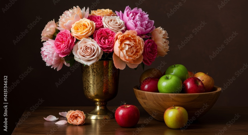 Obraz premium Still Life: Golden Vase, Blossoms, and Apples - A vibrant still life showcasing a gold vase filled with pink and peach flowers, complemented by a bowl of colorful apples. Symbolizing beauty