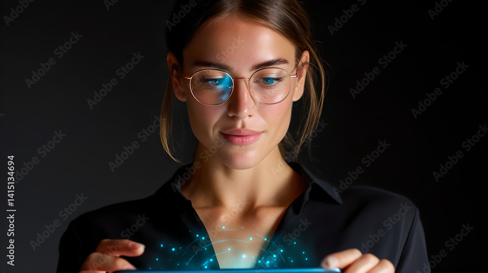 Woman with Glasses Looking at Glowing Tablet Against Dark Gray Background