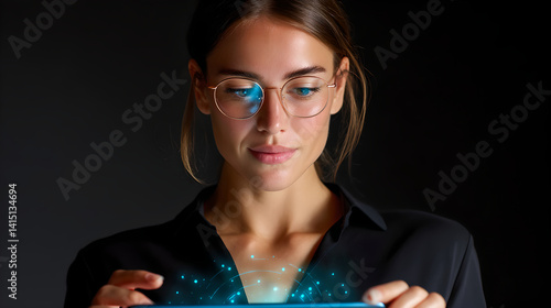 Obraz na płótnie Woman with Glasses Looking at Glowing Tablet Against Dark Gray Background w salonie
