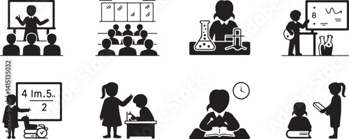  A collection of black and white business icons representing presentation and meeting settings, ideal for use in corporate training, business discussions, and professional communication projects.