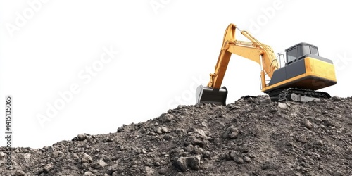 Excavator working on a dirt mound at a construction site with a clear sky in the background