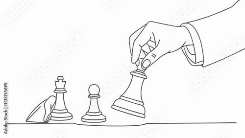 Elegant continuous line vector of a hand moving a chess piece forward, symbolizing strategy, leadership, and forward planning—perfect for business icons, coaching visuals, or decision-making