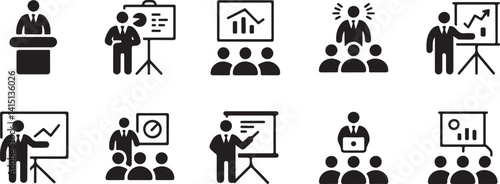  Silhouettes of various business-related activities, including presentations, meetings, and public speaking. Perfect for corporate, professional training, and business presentations.