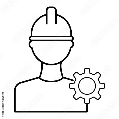 Civil engineer, builder, constructor, worker with helmet and cog icon in outline version, international worker's day vector editable illustration.