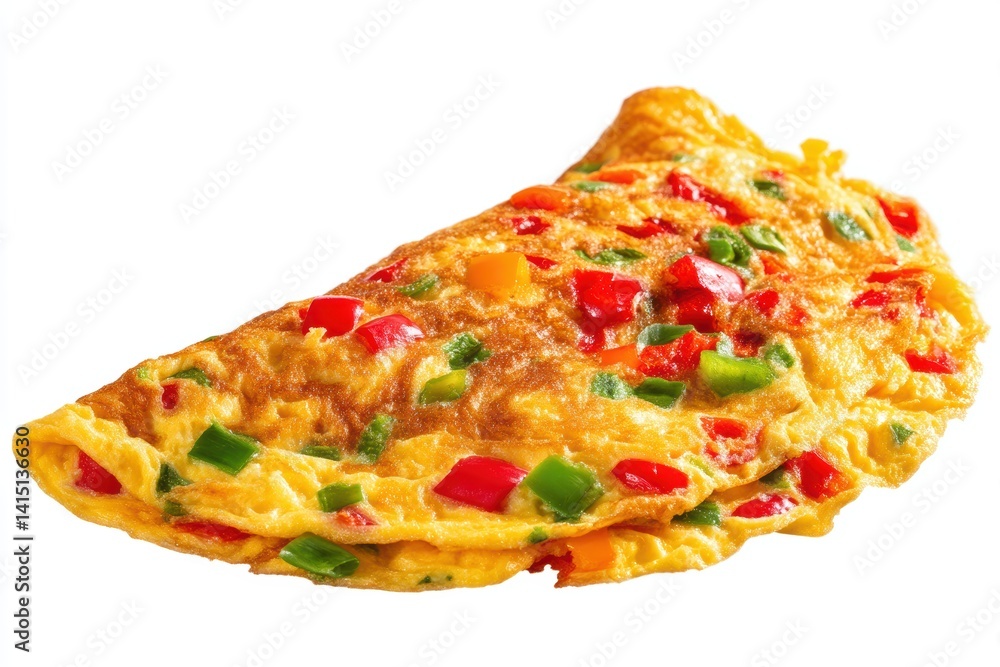 Delicious omelet with colorful peppers capturing fresh cuisine on a white background emphasizing golden yellow and red green tones for a vibrant culinary delight Delicious omelet with colorful peppers capturing fresh cuisine on a white background emphasizing golden yellow and red green tones for a vibrant culinary delight
