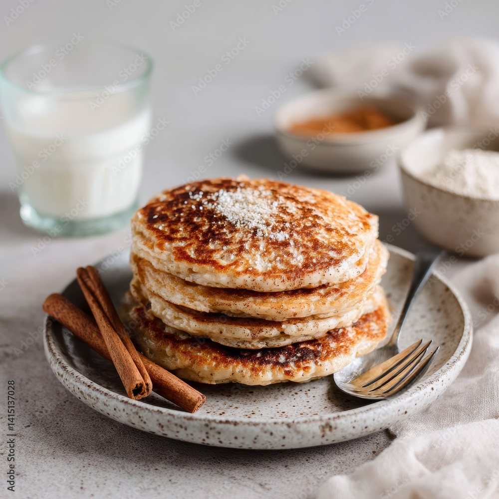 Delicious Stack of Pancakes with Cinnamon Sticks and Milk Glass on a Gray Background in Studio Shot Delicious Stack of Pancakes with Cinnamon Sticks and Milk Glass on a Gray Background in Studio Shot