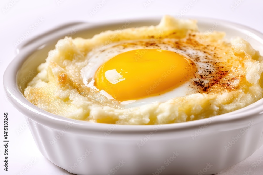 Sunny Side Up Egg Baked atop Creamy Mashed Potatoes in White Ceramic Dish Captivating Culinary Visual Sunny Side Up Egg Baked atop Creamy Mashed Potatoes in White Ceramic Dish Captivating Culinary Visual