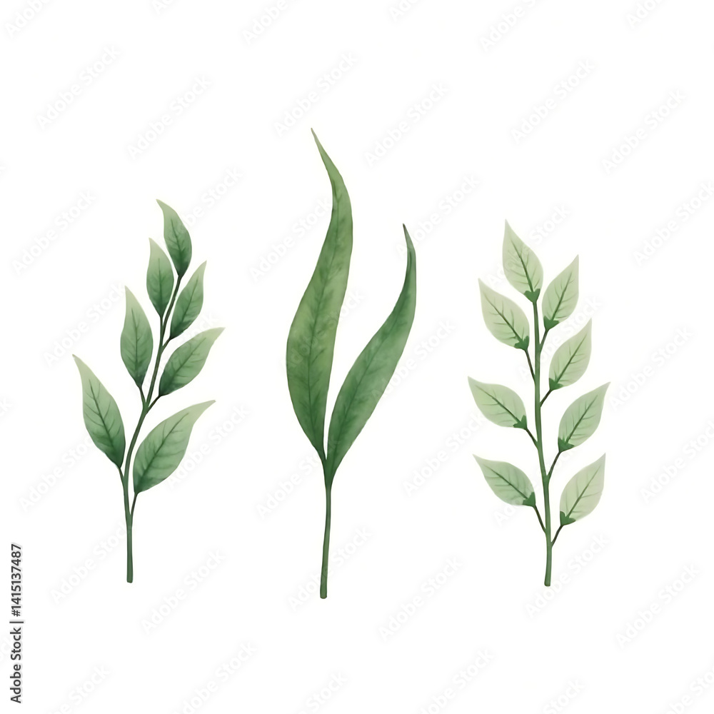 Naklejka premium Minimal Watercolor Green Leaf Collection PNG for Wedding Invites