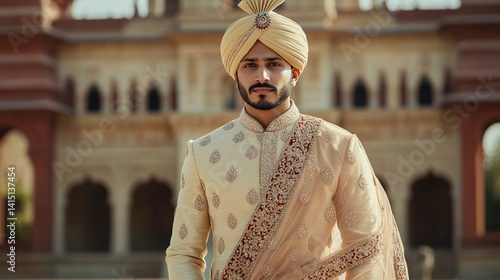 in a cream-colored sherwani with a matching turban and embroidered stole, standing confidently in front of a heritage palace backdrop