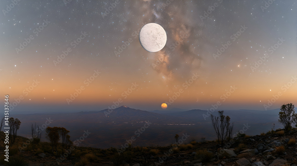 Obraz premium Mountain view at dusk with bright moon soft sky filled with stars City lights glow in the valley below horizon with