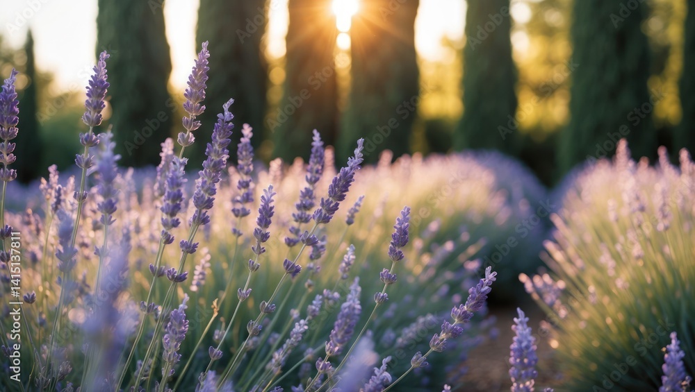 Obraz premium Lavender Field at Sunset with Tall Green Trees