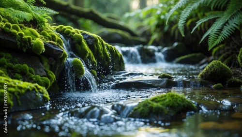 Flowing Creek with Moss Covered Rocks and Lush Ferns