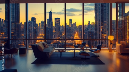 modern high-rise apartment with floor-to-ceiling windows overlooking a city skyline at dusk, sleek contemporary furnishings, warm ambient lighting, and a stylish open-concept layout 