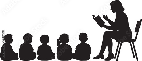  Silhouette of Teacher Reading a Book to a Group of Children in Classroom Setting