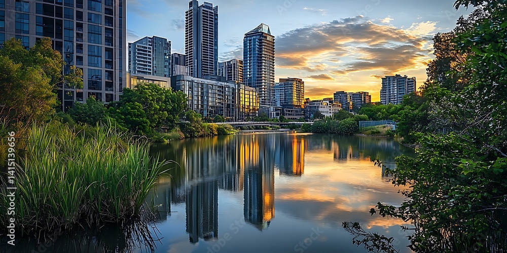 Fototapeta premium Spectacular Cityscape Reflection at Sunset, Capturing the Essence of Urban Serenity