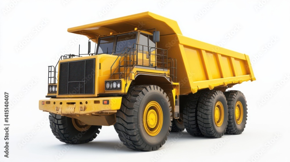 Yellow dump truck with large tires positioned on a plain white background, showcasing industrial design Yellow dump truck with large tires positioned on a plain white background, showcasing industrial design