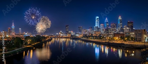Spectacular fireworks display over Philadelphia city skyline at night