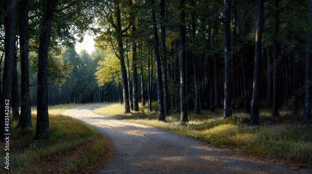 A painting of a forest road with trees on either side A painting of a forest road with trees on either side