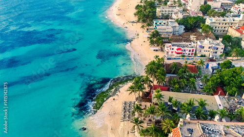 Aerial view of Playa del Carmen, Mexico, with turquoise waters and reefs