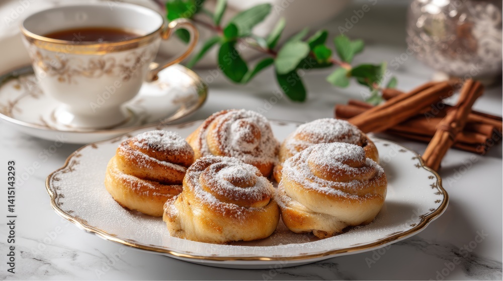 Cozy moment featuring warm cinnamon rolls sprinkled with icing sugar served with tea in ornate china
