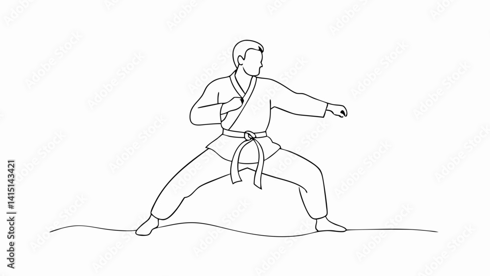 Minimalist one line drawing of a male karate fighter delivering a punch mid-motion, capturing intensity, speed, and strength—great for martial arts logos, sports performance graphics Minimalist one line drawing of a male karate fighter delivering a punch mid-motion, capturing intensity, speed, and strength—great for martial arts logos, sports performance graphics