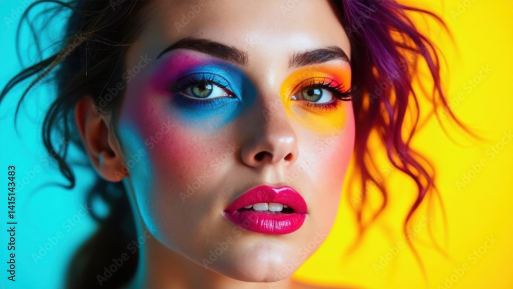 Woman with colorful makeup on her face, including blue, green, and yellow. She has a bright and cheerful expression