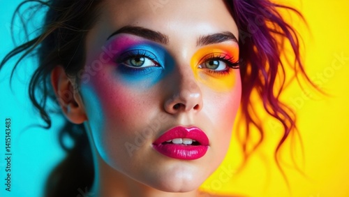 Woman with colorful makeup on her face, including blue, green, and yellow. She has a bright and cheerful expression