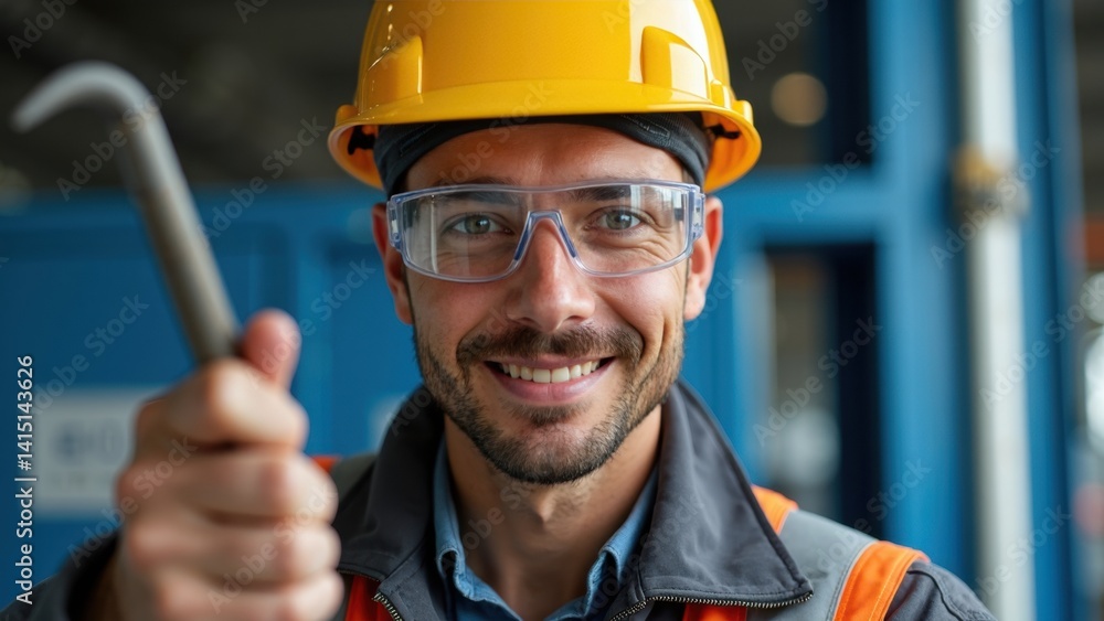 Man wearing a yellow hard hat and safety glasses is smiling and holding a tool. He looks happy and confident