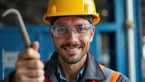 Obraz na płótnie Man wearing a yellow hard hat and safety glasses is smiling and holding a tool. He looks happy and confident w salonie